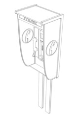 Outline of a street phone boot from black lines isolated on a white background. Isometric view. Vector illustration