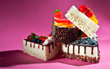 Various cakes on a pink background. Triangular pieces of cake on a paper background. Sweets on a pile close up.