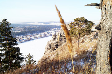 Winter landscape of the frozen Belaya River and White rocks