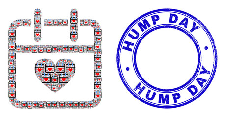 Vector valentine calendar page icon collage is formed with repeating recursive valentine calendar page pictograms. Hump Day grunge blue round seal print.