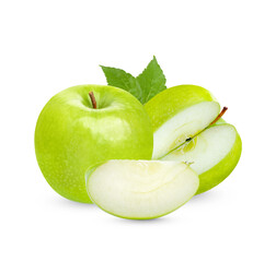 Fresh green apple with  leaves isolated on white background