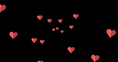 Image of red hearts moving on black and red background