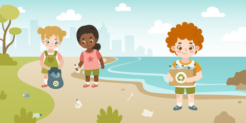 Children cleaning on sea coast. Volunteer kids collect plastic waste to recycling on the beach.