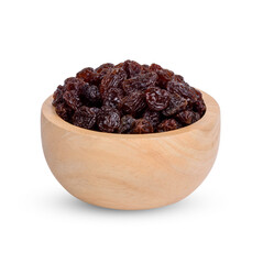 Dried raisins in the wooden bowl isolated on white background