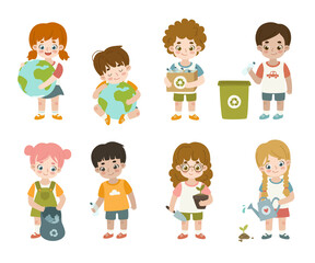 Set of diverse children take care of environment. Collection of friendly kids recycling, planting, clean up, holding planet.