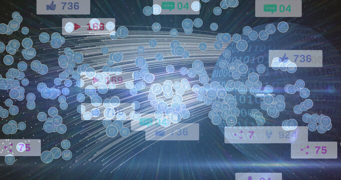 Image of social media icons and data processing over globe