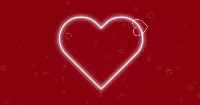 Image of neon heart shape flickering over hearts on red background