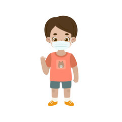 Boy in face medical mask. Coronavirus pandemic new normal. Kid in protective respirator.