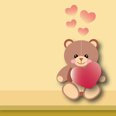 Red hearts with teddy bear on pastel yellow background. Greeting card for Wedding, Valentine, Mother’s and Father’s day, birthday, poster, love concept. space for the text. paper art design style.