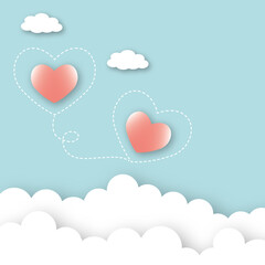 Pink hearts with clouds on blue sky background. Greeting card for Wedding, Valentine, Mother's and Father's day, birthday, poster, love concept. space for the text. paper art design style.