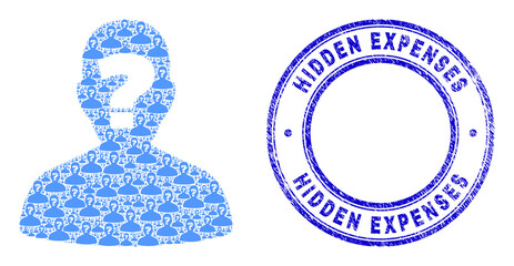 Vector unknown person icon collage is created from random recursive unknown person items. Hidden Expenses rubber blue round stamp seal. Recursive combination for unknown person icon.