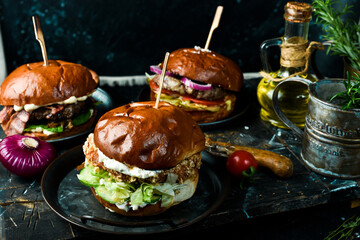 Set of delicious burgers with cutlet and vegetables. On a dark background.