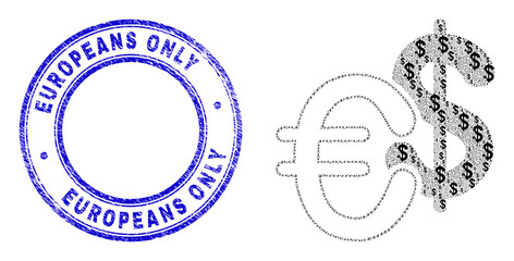 Vector currency icon collage is organized from randomized recursive currency icons. Europeans Only scratched blue round seal. Recursion collage for currency icon.