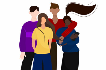 multiracial group of people are friends. A group of young people are standing embracing on a white background. Vector illustration in flat style concept of unity and equality