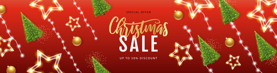 Fototapeta na wymiar Christmas big sale poster with christmas tree and string of lights. Christmas holiday background. Vector illustration