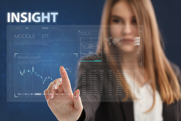 Business, Technology, Internet and network concept. Young businessman working on a virtual screen of the future and sees the inscription: Insight