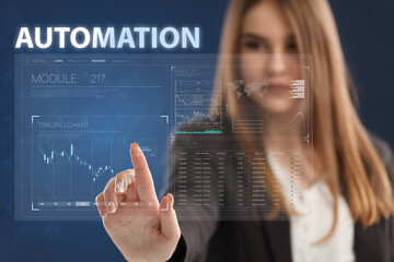 Business, Technology, Internet and network concept. Young businessman working on a virtual screen of the future and sees the inscription: Automation