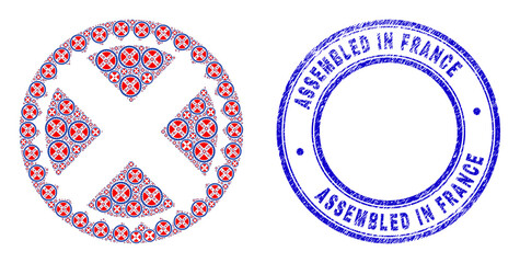 Vector crossed seal stamp icon composition is formed from repeating recursive crossed seal stamp parts. Assembled in France textured blue round stamp seal.