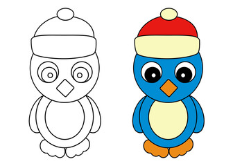 Coloring Page with Christmas Penguin in a Hat.