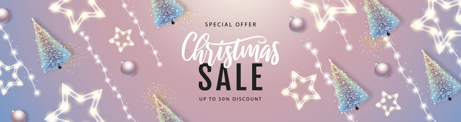 Obraz premium Christmas big sale poster with christmas tree and string of lights. Christmas holiday background. Vector illustration