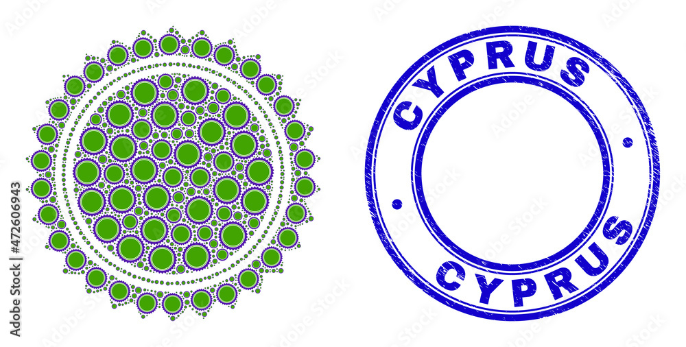 Wall mural Vector seal stamp template icon collage is designed of random recursive seal stamp template items. Cyprus scratched blue round seal print. Recursion collage for seal stamp template icon.