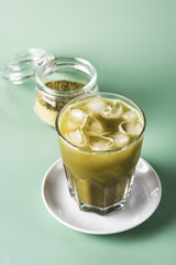 Homemade Iced Matcha Tea with Ice Cold Healthy Detox Drink Vertical
