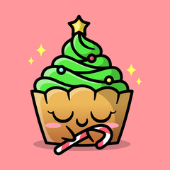 A CUTE CUPCAKE WITH GREEN CREAM TOPPING IS HOLDING CANDY. CARTOON CHARACTER.