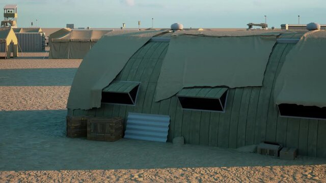 A close-up view over a deserted army camp and training facility in the middle of the desert.