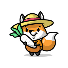 A CUTE FARMER FOX IS WEARING STRAW HAT AND HOLDING A TURNIP. CARTOON CHARACTER.