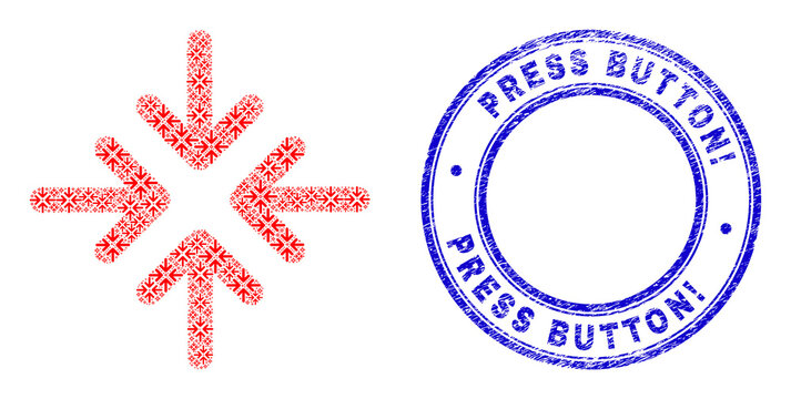Vector meeting point arrows icon composition is created of scattered recursive meeting point arrows pictograms. Press Button! grunge blue round stamp seal.