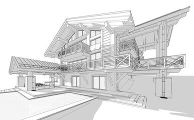 3d rendering of modern cozy chalet with pool and parking for sale or rent. Massive timber beams columns. Black line sketch with soft light shadows on white background.