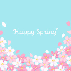 桜の花の装飾フレーム　正方形サイズ　デザイン用のベクター素材　水色の背景