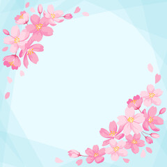Obraz na płótnie Canvas 桜の花の装飾フレーム　正方形サイズ　デザイン用のベクター素材　水色の背景
