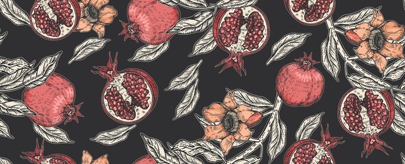 Pomegranate fruits and flowers on a black background. Floristics. Vintage graphics. - obrazy, fototapety, plakaty