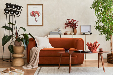 Extraordinary living room interior composition with retro designed sofa, wooden coffee table,...