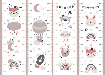 Vector Set of kids height charts with boho elements in terracotta colors with fox, bear, deer, hare, rainbow, cloud, moon, rocket. Meter wall with trendy flat art design. Children growth chart - obrazy, fototapety, plakaty