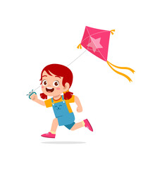 cute little girl play kite outside and feel happy