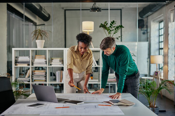 Fototapeta premium Diverse business couple having a discussion in an office