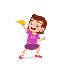 cute little girl play paper plane and feel happy