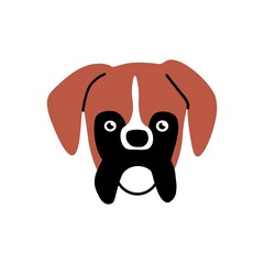 Dogs face avatar. Cute adorable doggy head. Canine animal portrait of funny boxer puppy. Charming pups muzzle. Flap-eared pets snout. Flat vector illustration isolated on white background