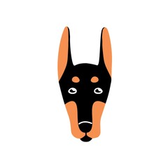 Dogs face avatar. Cute Dobermans puppy head. Canine animal portrait of adorable pup. Purebred pets snout. Charming muzzle icon. Flat vector illustration isolated on white background