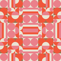 Modern abstract  geometric background with circles, rectangles and squares  in retro scandinavian style. Pastel colored simple shapes graphic pattern. - 472609936