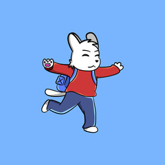 Happy cute kid white dog as human with school bag cartoon vector illustration