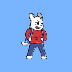 Cute overbearing kid white dog as human with school bag cartoon vector illustration