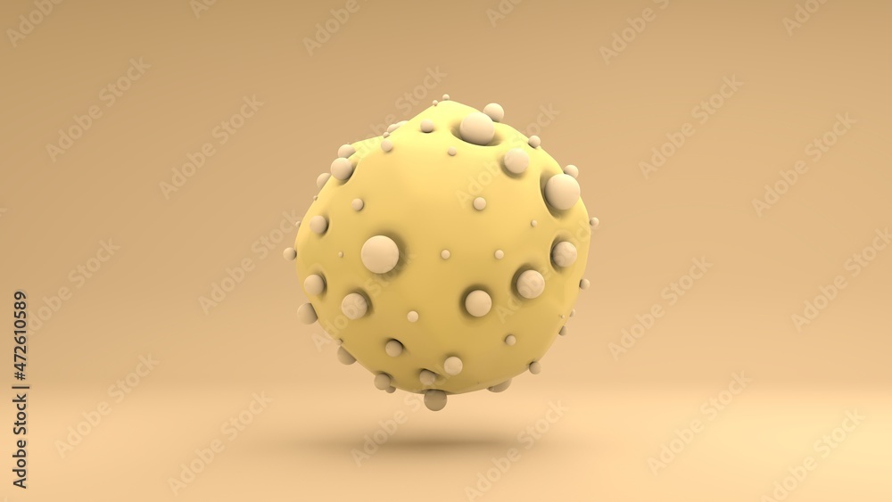 Poster 3d rendering of an abstract yellow sphere with an uneven surface and lots of small balls. abstract 3