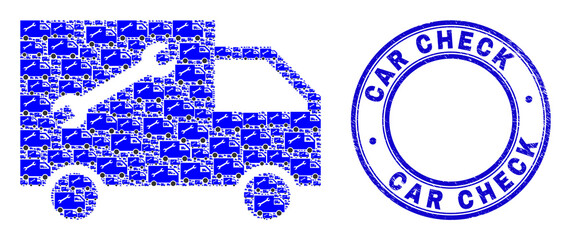 Vector service van icon composition is organized from random self service van items. Car Check rubber blue round seal imitation. Recursion composition from service van icon.