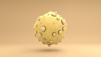 3d rendering of an abstract yellow sphere with an uneven surface and lots of small balls. Abstract 3d illustration for futuristic compositions, screensavers, desktop wallpapers.