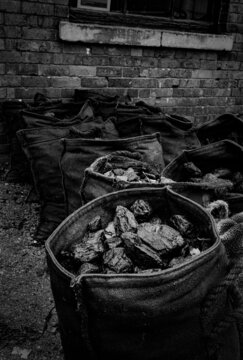 Old Fashioned Sacks Of Coal At A Living History Museum