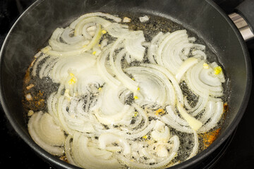 fry chopped onion rings in vegetable sunflower oil in a Teflon pan