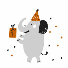 Vector illustration. Colorful cute elephant with gift for design